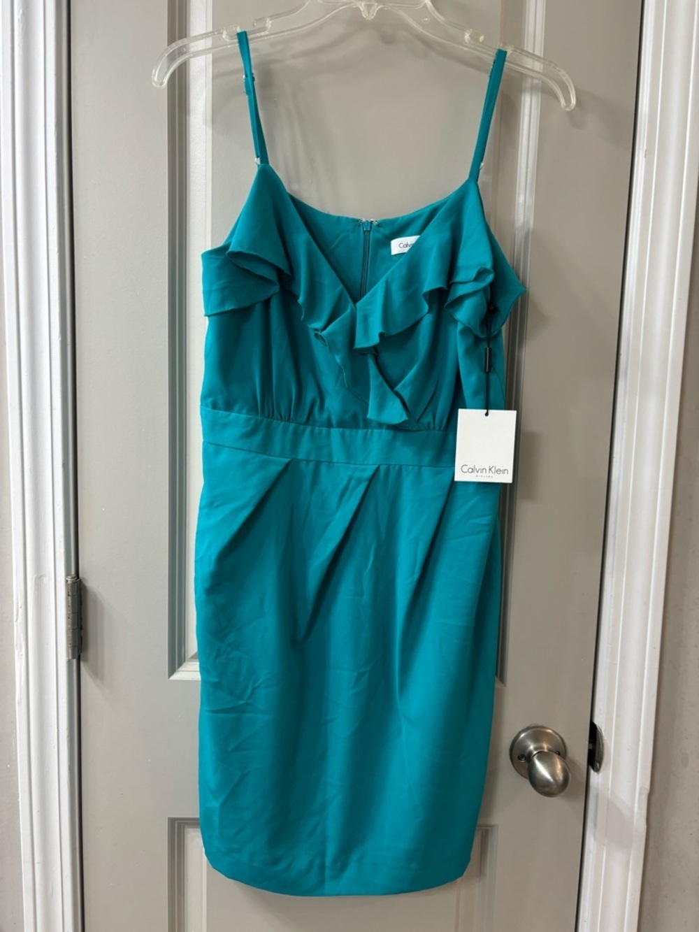 Calvin Klein Teal Ruffle-Front Spaghetti Strap Mini Dress - Picture 5 of 5